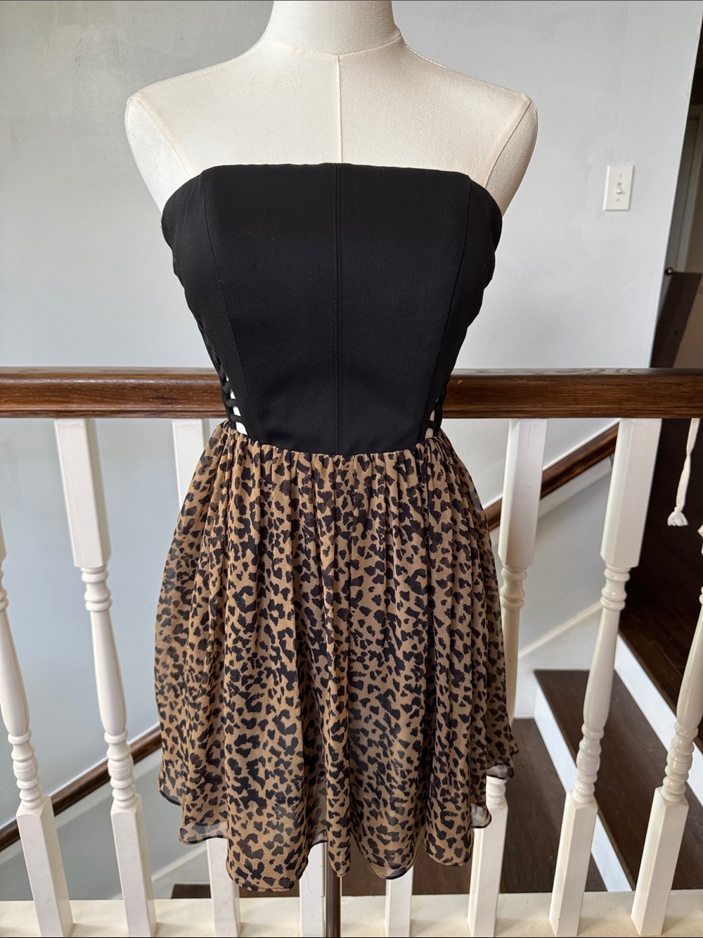 Rachel Roy Strapless Black and Leopard Print Party Dress